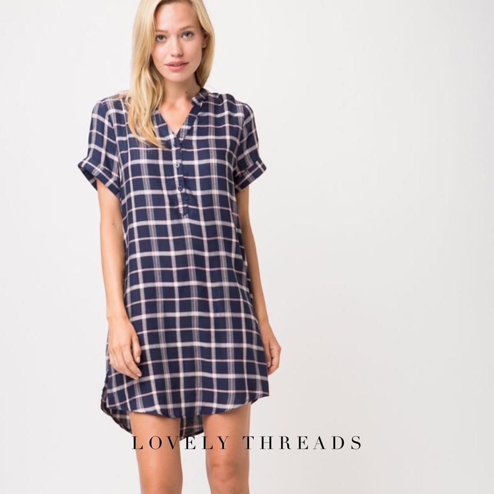 Blue and Pink Plaid Tee Shirt Dress